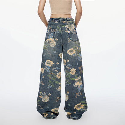 Flower Printed High Rise Wide Leg Baggy Jeans