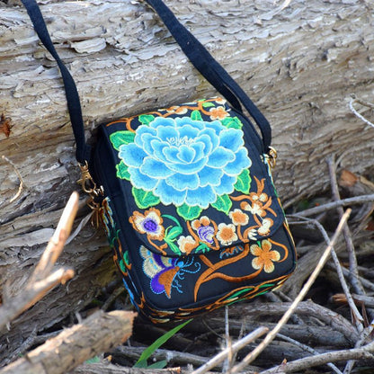 Ethnic Style Bag Small Bag Women'S New Mini Diagonal Canvas Small Squareflower Versatile Mobile Phone Coin Purse