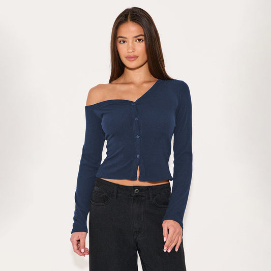 Asymmetrical Neck Long Sleeve Button Knit Cardigan T-Shirt