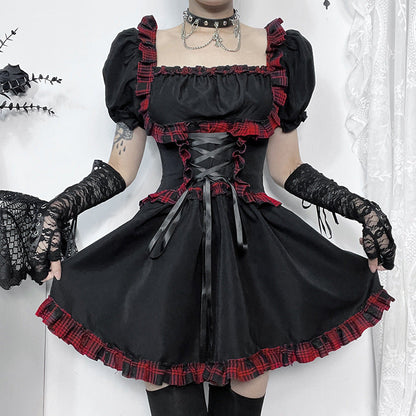 Punk Rock Checkered Mini Dress with Cutout Details