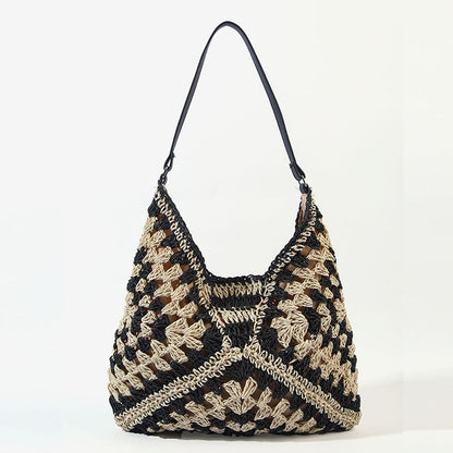 Paper Rope Woven Beach Bag with Block Design