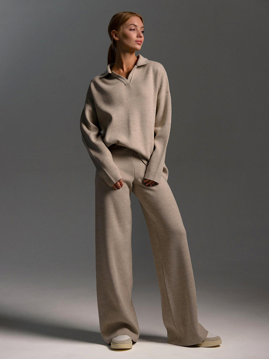 Knitted Sweater Set with Polo Neck and Wide Leg Pants for Casual Style