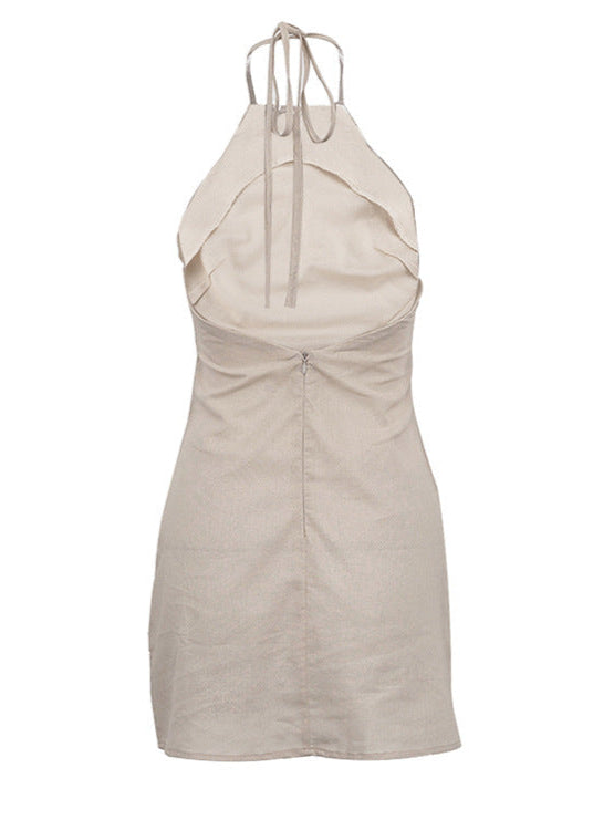 Linen Halter Mini Dress With Adjustable Tie Backs