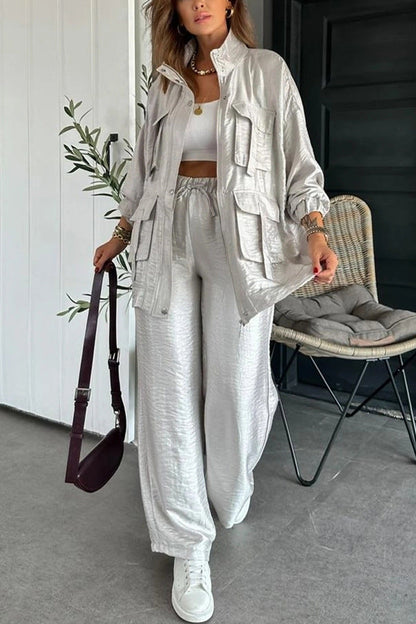 Fashionable Long Sleeve Solid Color Two-Piece Set with Straight-Leg Pants