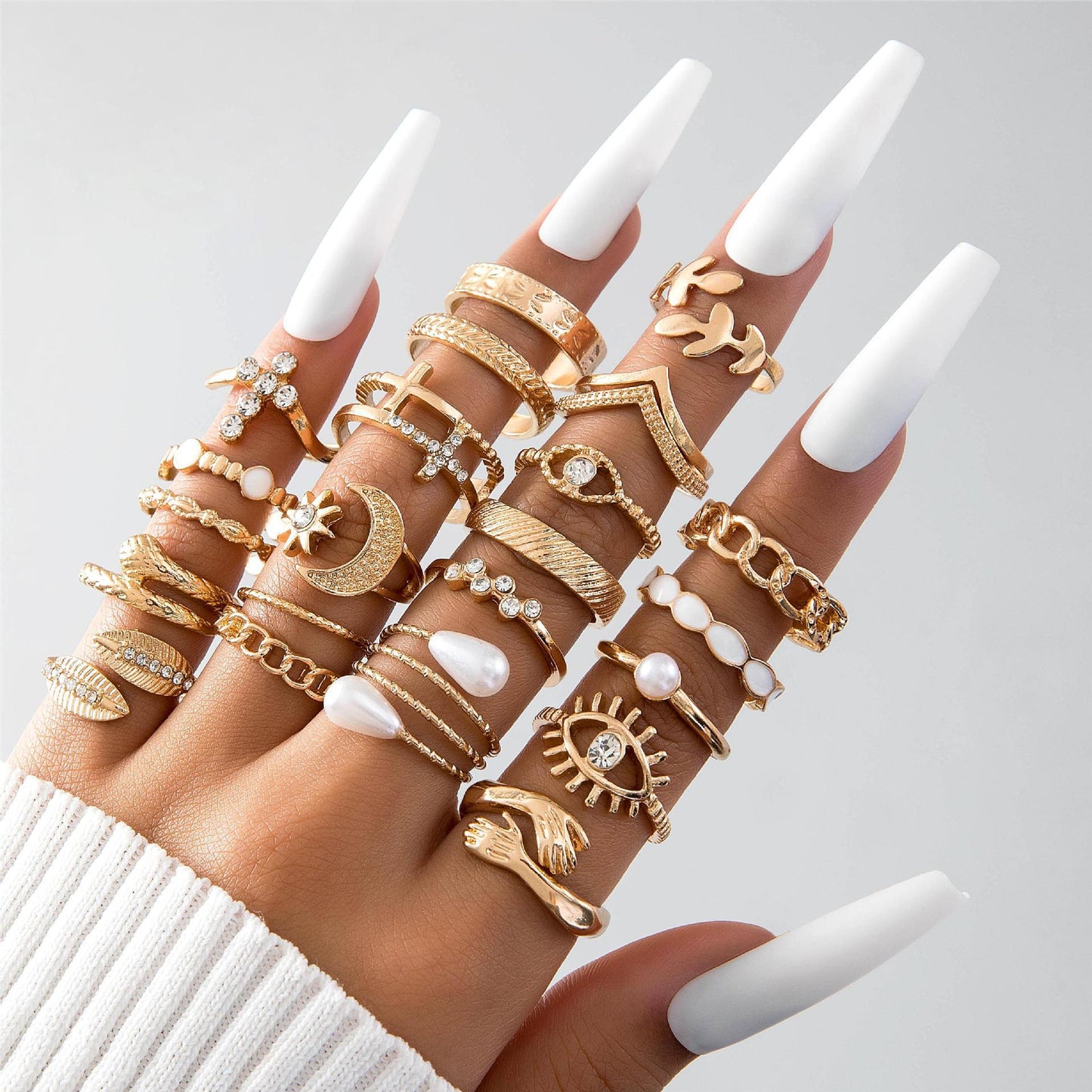 Trendy Leaf Heart Rings Geometric Pearl Joint Stacking Ring Set