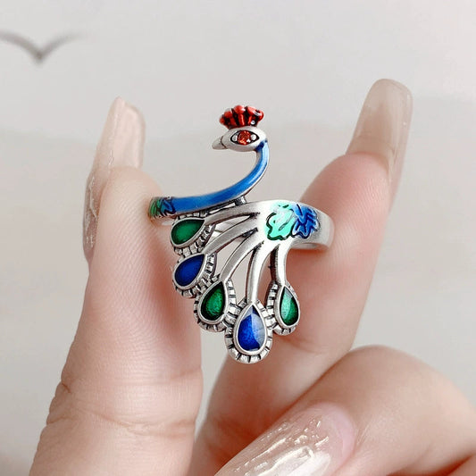 Sterling Silver Retro Thai Silver Ethnic Style Classical Ring Women'S Light Luxury Open Index Finger Fashion Personality Exaggerated Peacock Phoenix