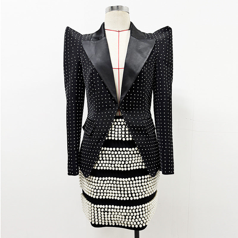 Unique Shoulder Pad Fitted Blazer And Pearl Embellished Skirt Set