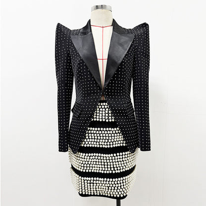 Unique Shoulder Pad Fitted Blazer And Pearl Embellished Skirt Set