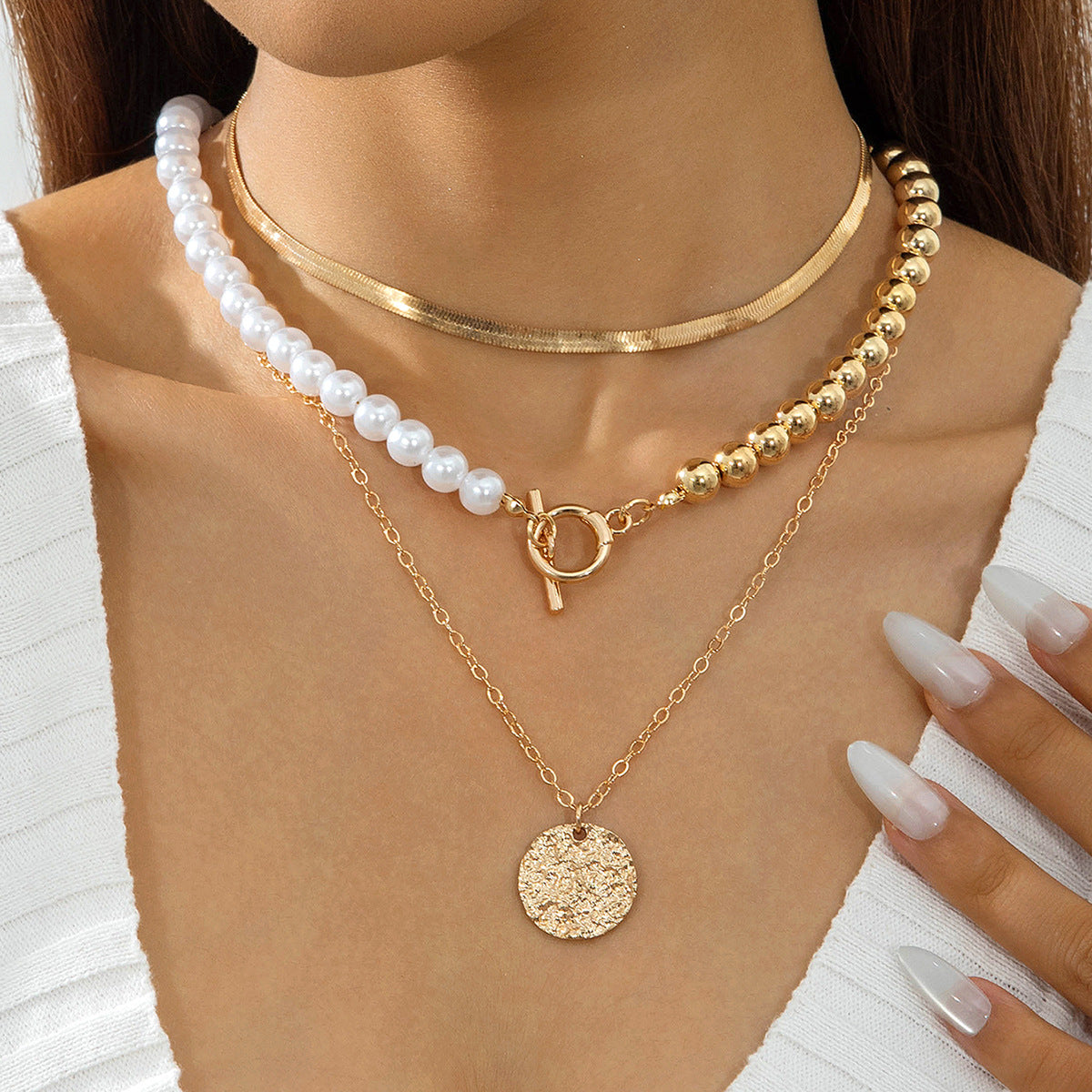 Geometric Layered Y-Shaped Alloy Necklace With Tassels And Rhinestones