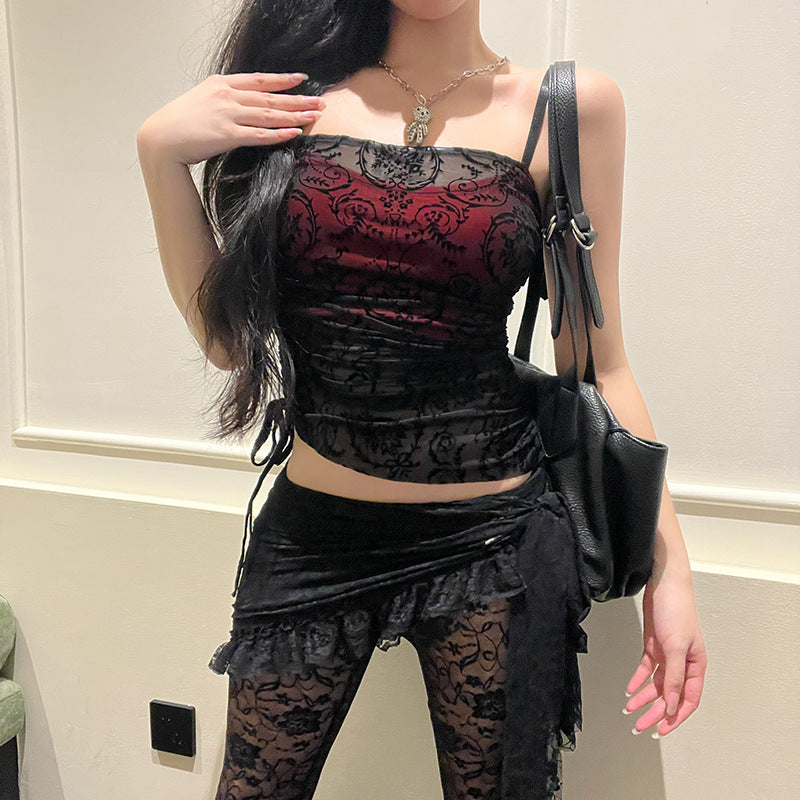 Dark Velvet Crop Top And Asymmetrical Lace Flare Pants Set