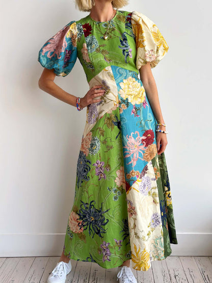 Floral Print Puff Sleeve Linen Dress Casual Elegant Style