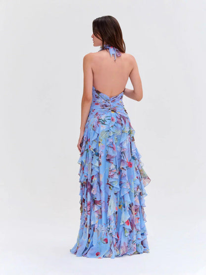 Elegant Floral Ruffle Waist Midi Dress