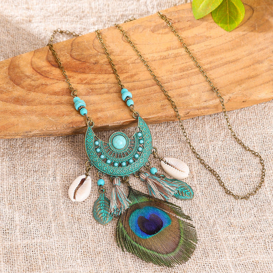 Fashionable Long Pendant Necklace with Geometric Design and Peacock Feather