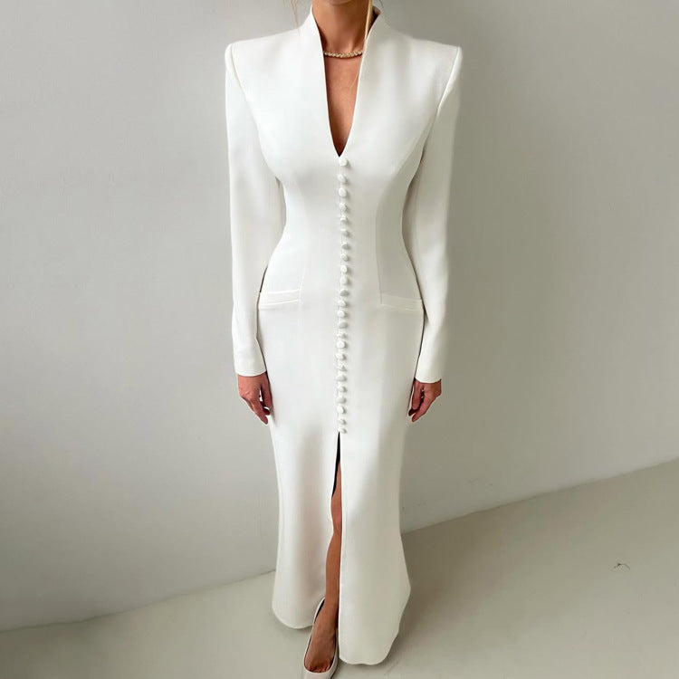 Elegant V-Neck Long Sleeve High Waist Split Midi Dress
