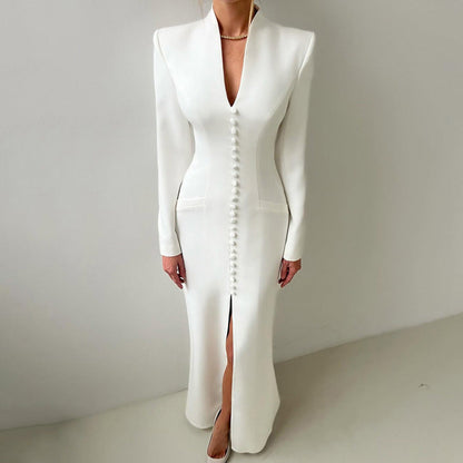 Elegant V-Neck Long Sleeve High Waist Split Midi Dress