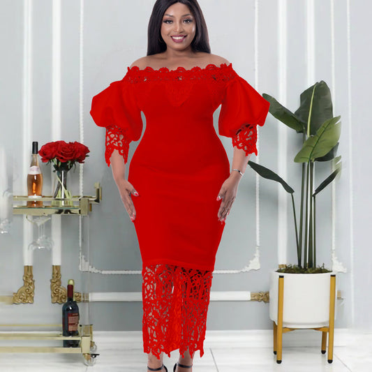Off-The-Shoulder Lace Detail Pencil Dress With Lantern Sleeves