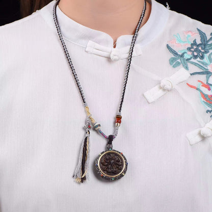 Women'S Versatile Retro Necklace National Jewelry Wood Nine Tailed Fox Zhajilam Green Tara Thangka Necklace