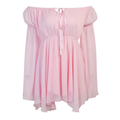 Off-Shoulder Chiffon Dress with Waist Tie in Pink and White