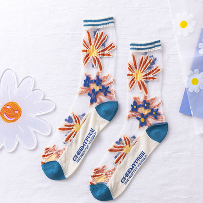 Rufia -  Hollow-out Floral Pattern Sheer Socks