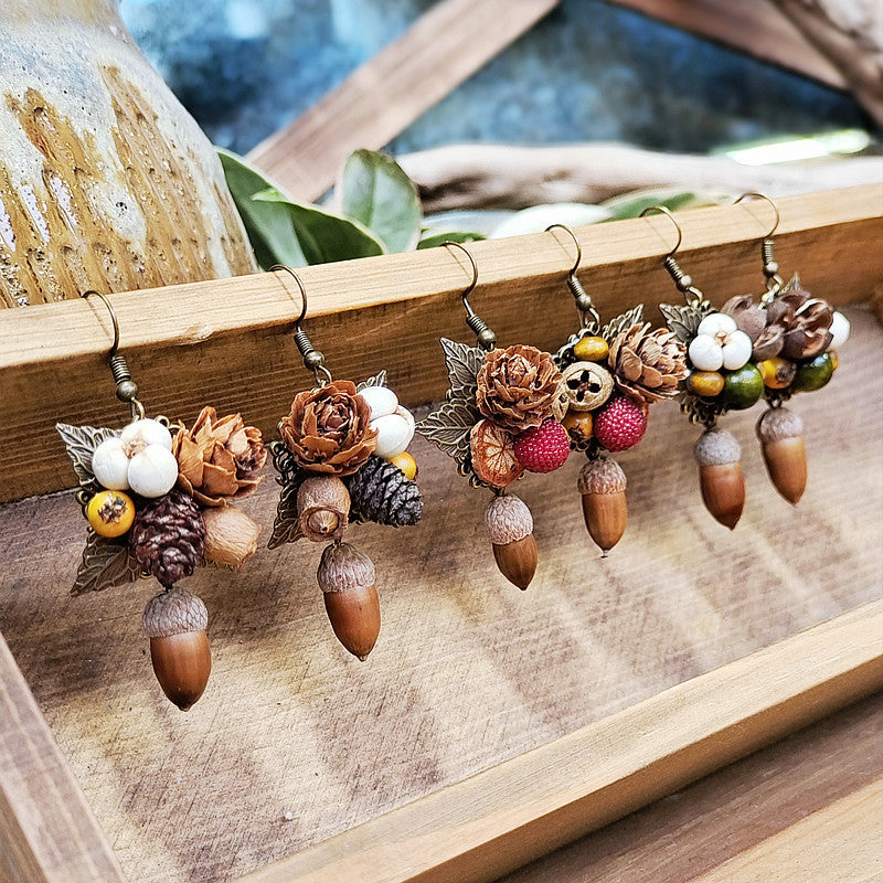 Rustic Leaf Acorn Earrings Handmade Floral Wooden Jewelry