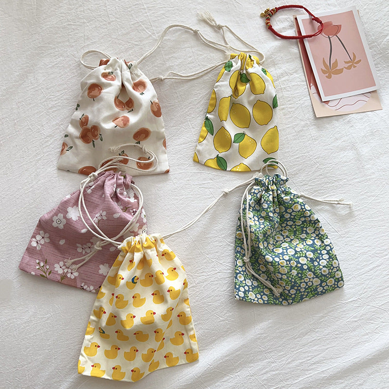 Mini Cotton Drawstring Makeup Pouch Cute Floral Travel Bag