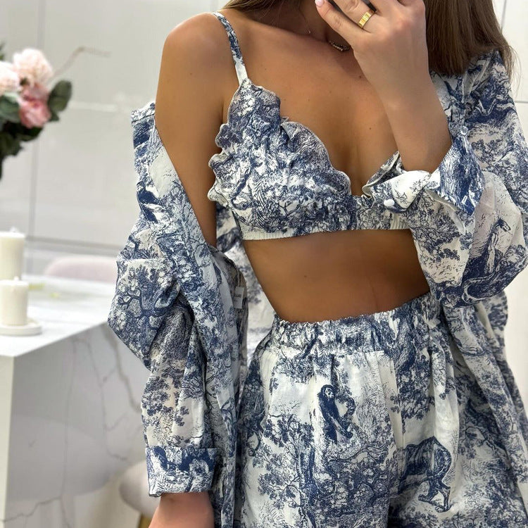 Vintage Ink Blossom Shirt and Shorts Set for Women