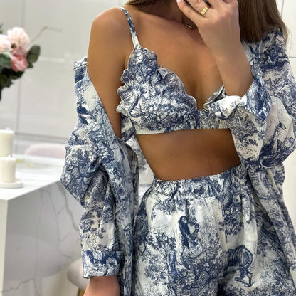 Vintage Ink Blossom Shirt and Shorts Set for Women