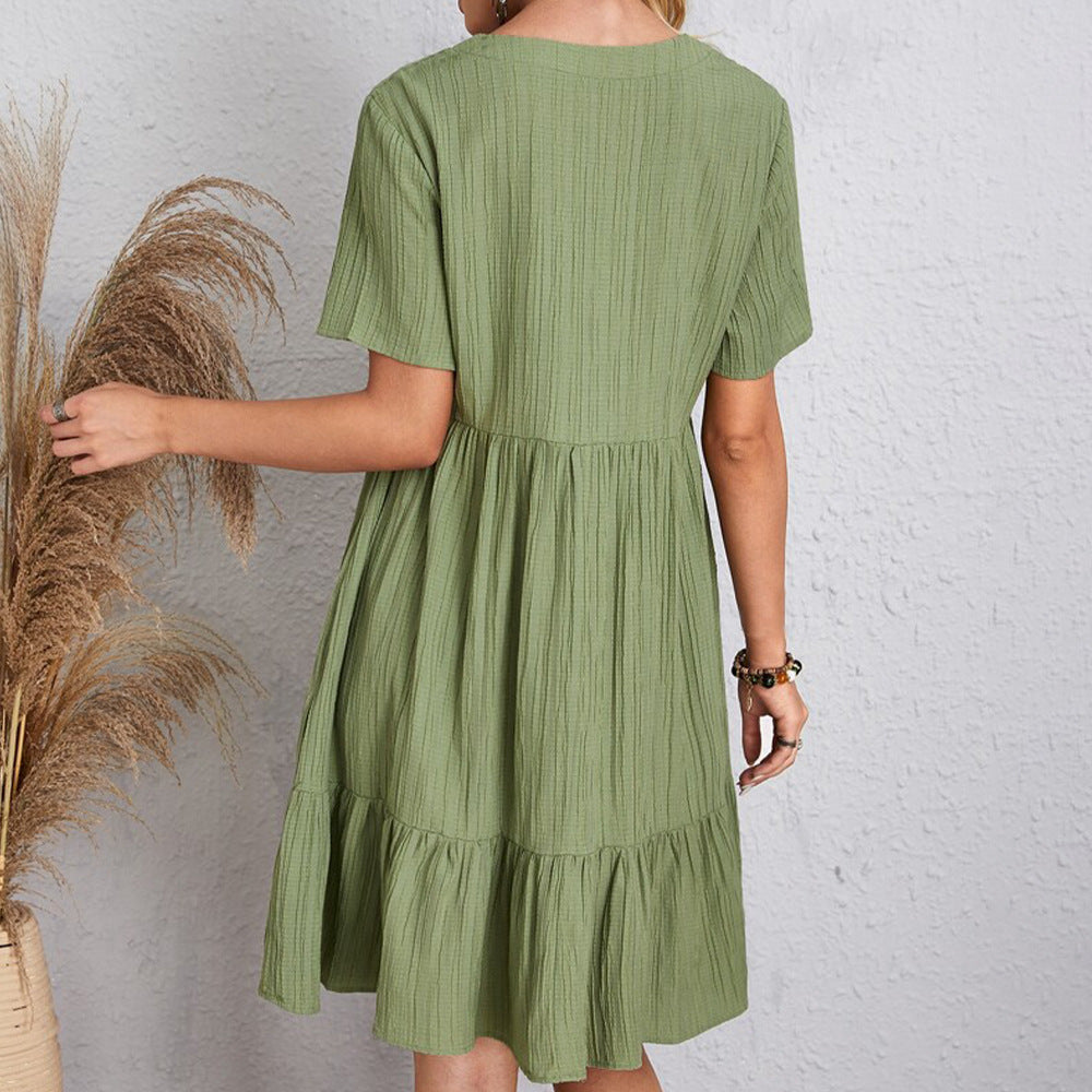 V-Neck Solid Color Short Sleeves Mini Dress