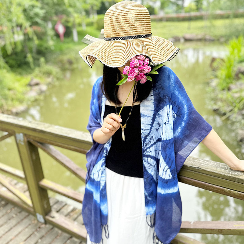 New Tie Dyed Ethnic Style Shawl Women'S Summer Sunscreen Beach Scarf Cotton And Hemp Scarf Cloak