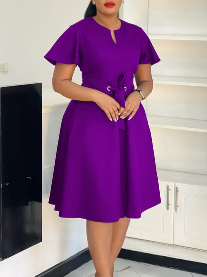 Elegant Solid Color V-Neck A-Line Dress With Tie Detail