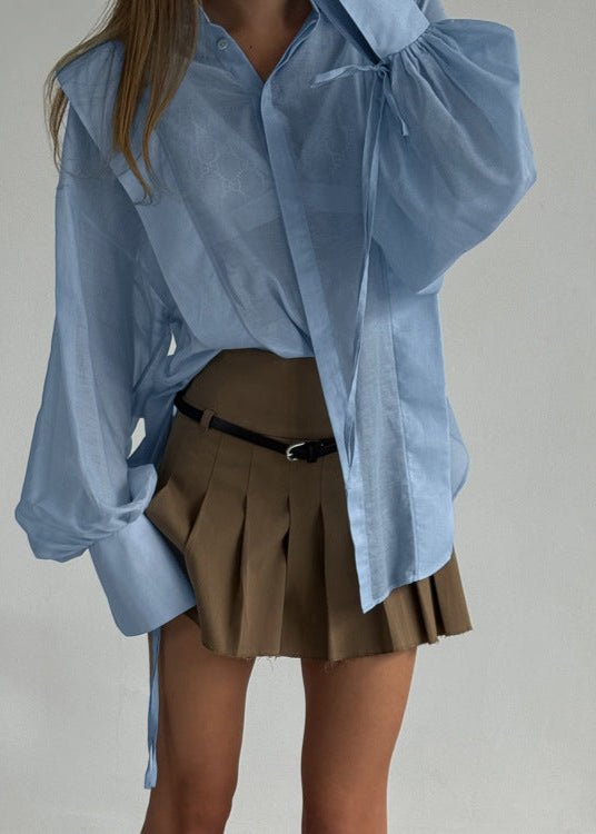 Oversized Cotton Blend Shirt with Ribbon Tie Sleeves