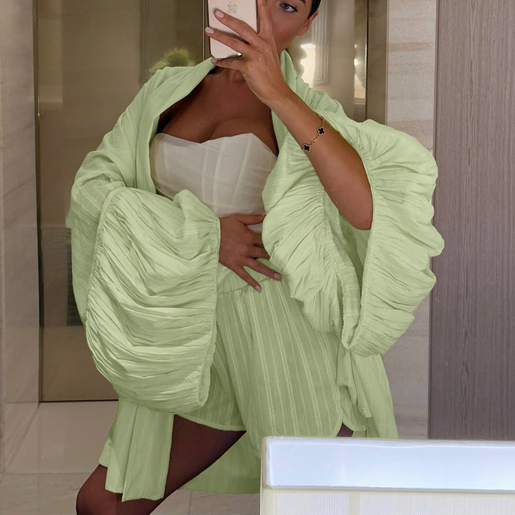 Cotton Puff Sleeve Tie Front Loose Cardigan with Shorts Set