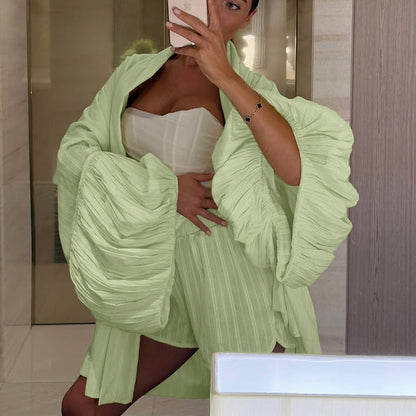 Cotton Puff Sleeve Tie Front Loose Cardigan with Shorts Set