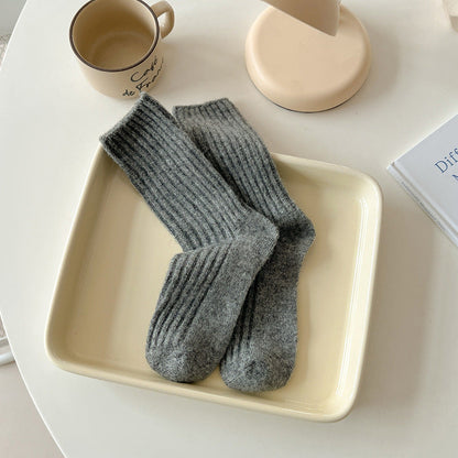 Solid Color Striped Thicken Plush Wool Crew Socks