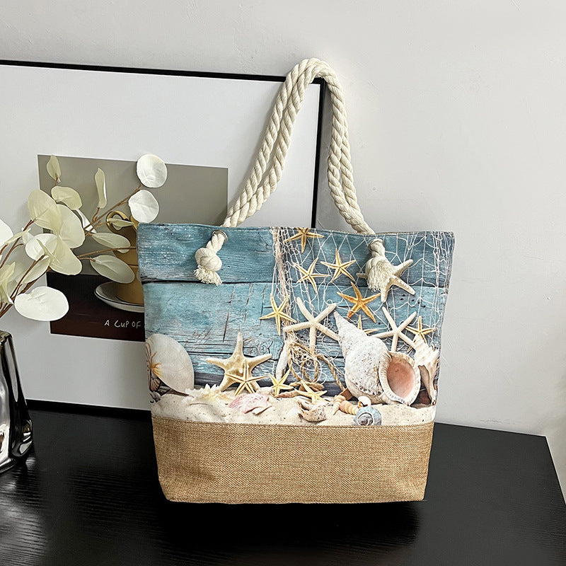 Large Capacity Digital Print Linen Beach Bag for Women