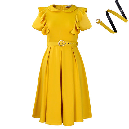 Elegant High Waist Ruffle Hem A-Line Dress With Peter Pan Collar