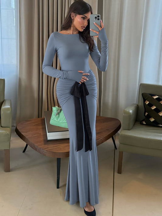 Fashionable Solid Color Long Sleeve Dress with Waist Tie