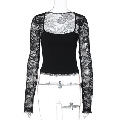 Fashionable Sexy Lace Hollow Long Sleeve Top