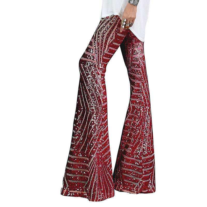 Sequins High Waist Flared Pants Slim Wide Leg Pants Women'S Casual Pants