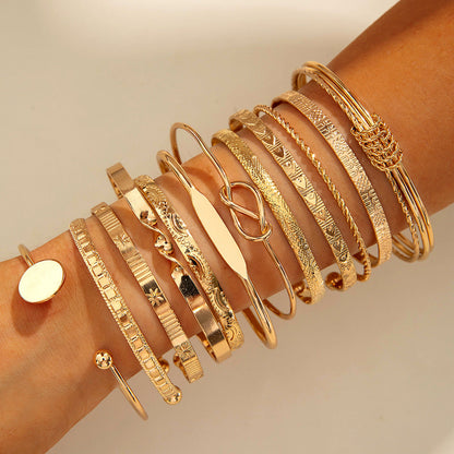 Vintage Geometric Open-Cuff Gold Bracelet Set