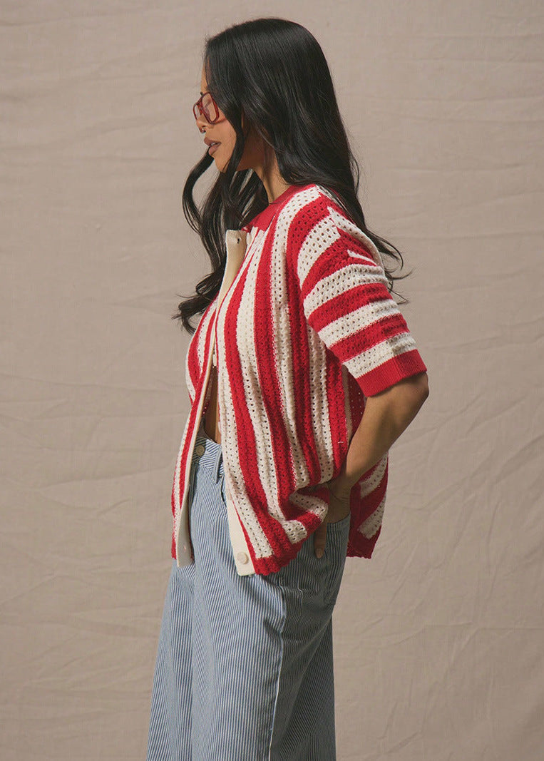 Crochet Knit Button Up Shirt With Stripes