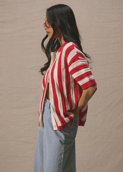 Crochet Knit Button Up Shirt With Stripes