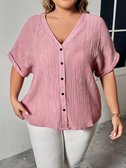 Loose-Fit V-Neck Button Short Sleeve Shirt For Women