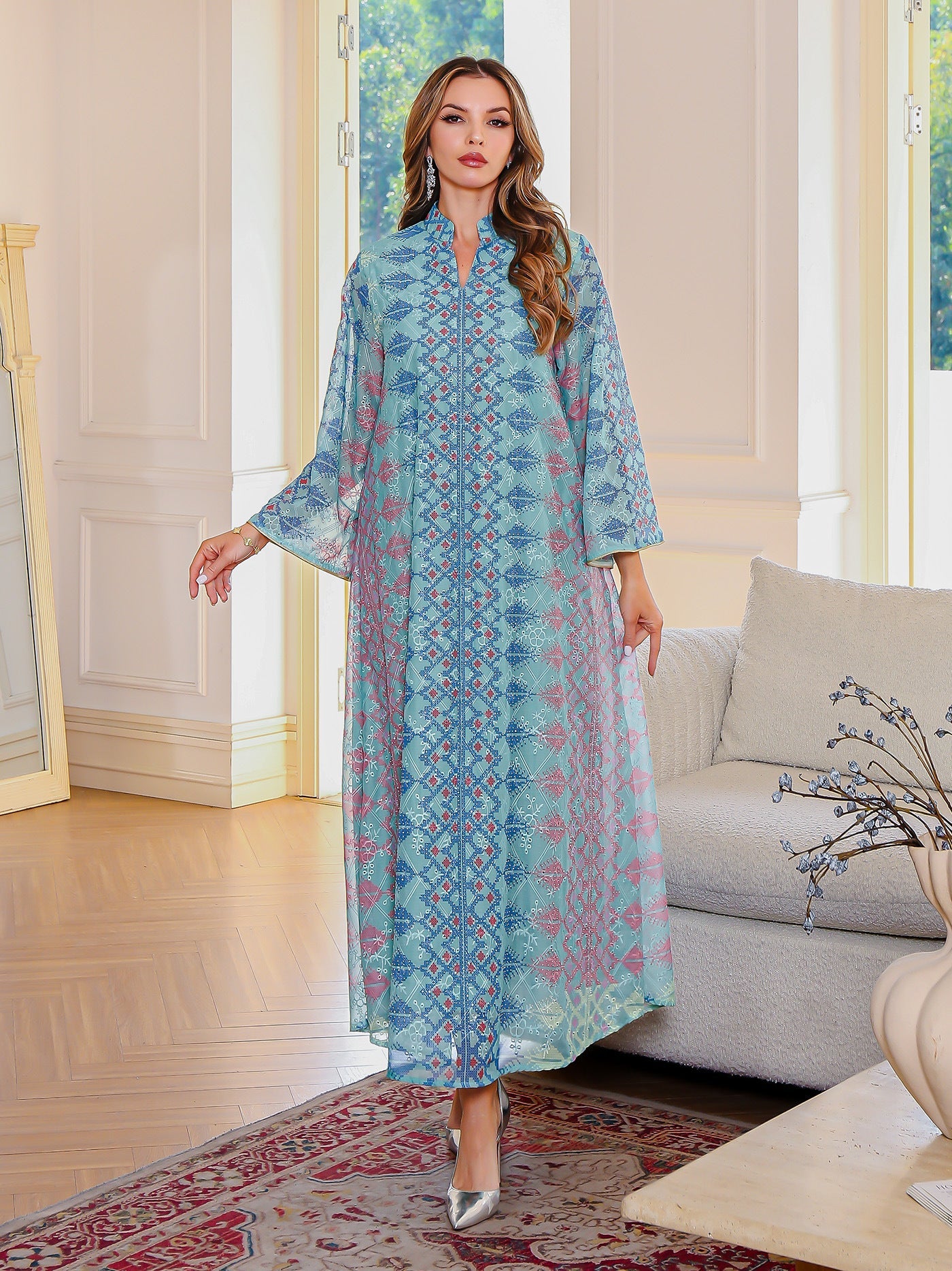 Muslim Embroidered Long Dress Traditional Abaya Green and Beige