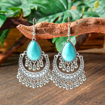 Bohemian Style Turquoise Earrings Set Oval Tassel Dangle Jewelry