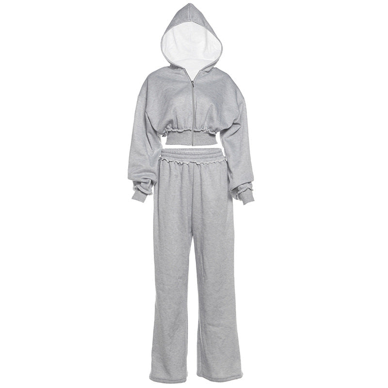 Crop Hooded Jacket And High-Waisted Wide-Leg Pants Set