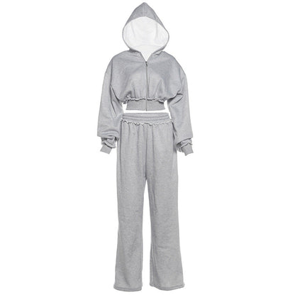 Crop Hooded Jacket And High-Waisted Wide-Leg Pants Set