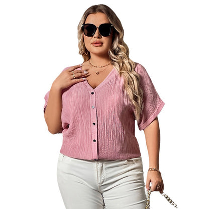 Loose-Fit V-Neck Button Short Sleeve Shirt For Women