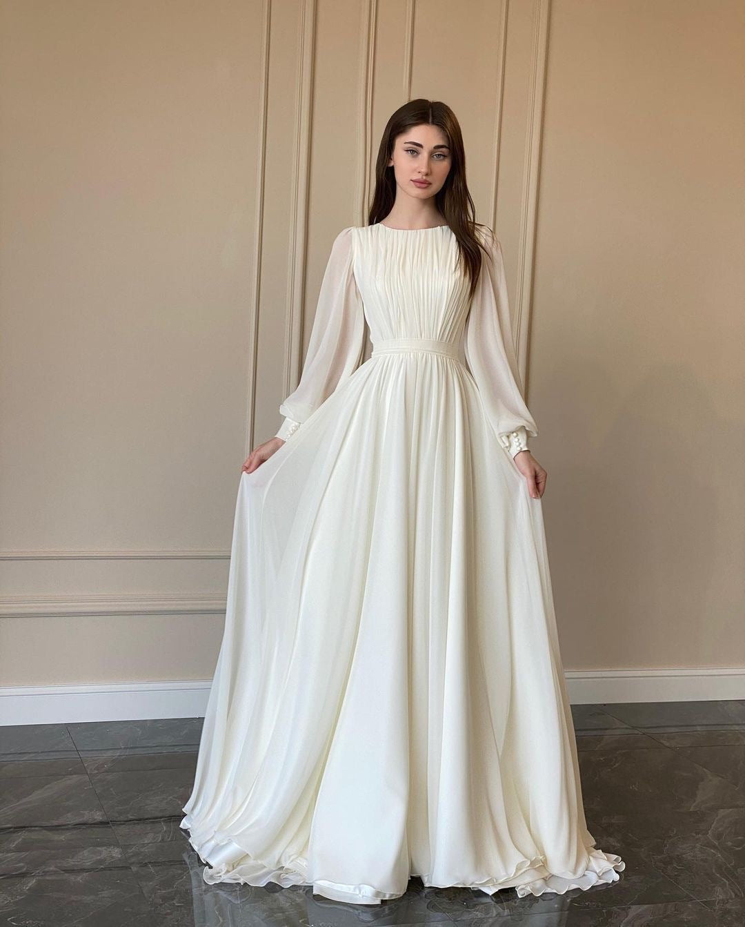 Elegant Long Sleeve A-Line Dress In White