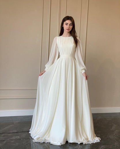 Elegant Long Sleeve A-Line Dress In White